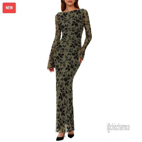 Floral Bodycon Maxi Dress Long Sleeve Formal Wedding Guest Cocktail